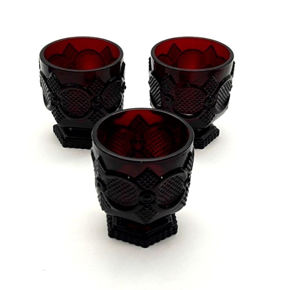 Avon 1876 Ruby Red Footed Rocks Juice Glass Set 3 of Cape Cod Collection